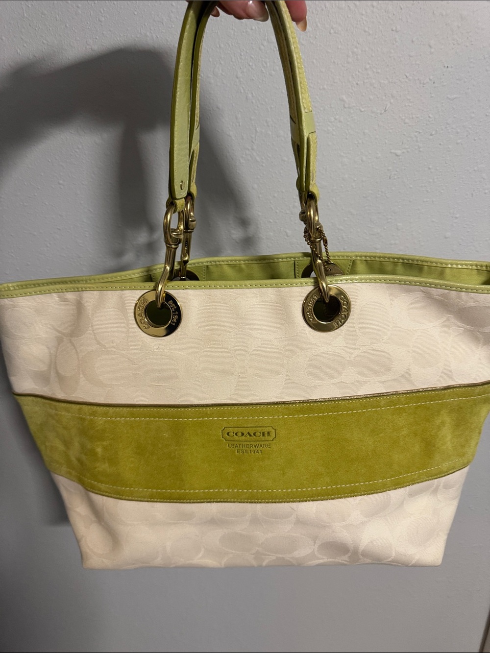 Coach Cream Tote with Green Suede Accent and Gold Hardware